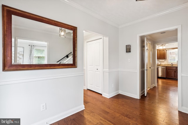 corridor featuring dark hardwood / wood-style flooring, sink, and crown molding