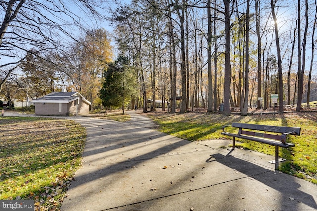 view of home's community featuring a storage shed