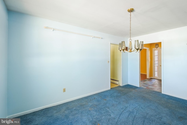 carpeted spare room with a chandelier and baseboard heating