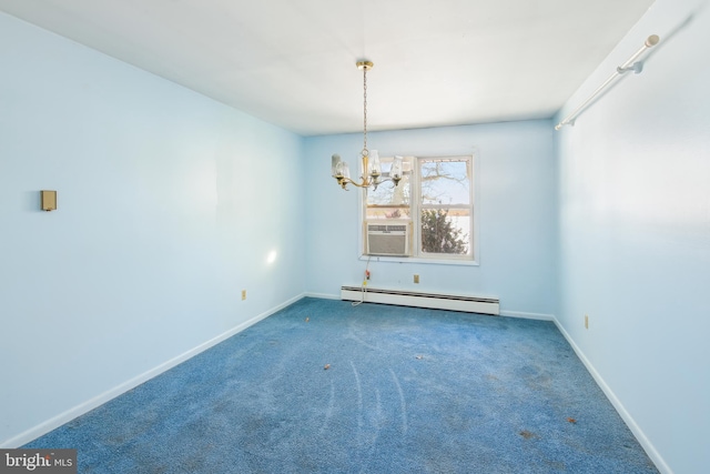 unfurnished room with dark colored carpet, a chandelier, baseboard heating, and cooling unit