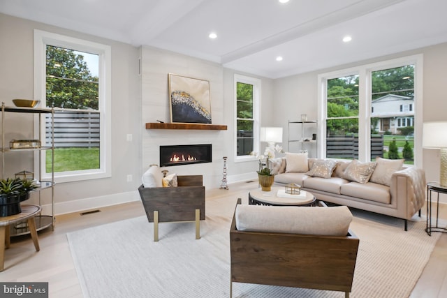 living room featuring beam ceiling and light hardwood / wood-style flooring