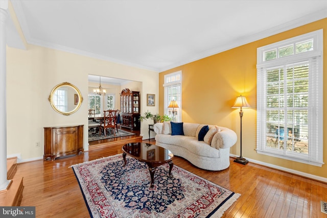 living room with crown molding, a healthy amount of sunlight, and hardwood / wood-style floors