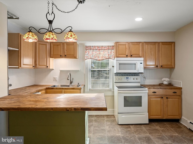 kitchen with wood counters, sink, pendant lighting, white appliances, and backsplash