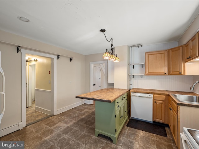 kitchen with butcher block countertops, sink, stove, hanging light fixtures, and white dishwasher