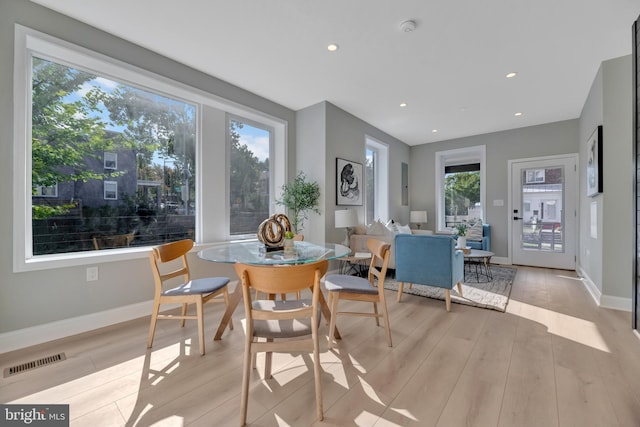 dining space featuring a healthy amount of sunlight and light hardwood / wood-style floors