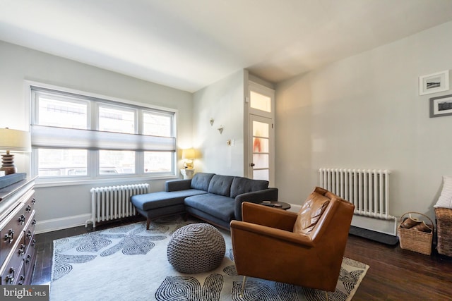 living room featuring radiator and dark hardwood / wood-style floors