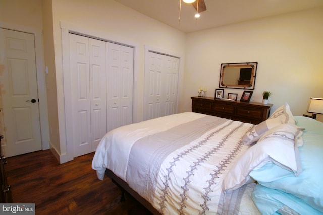 bedroom with multiple closets, ceiling fan, and dark wood-type flooring