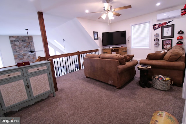 carpeted living room with an AC wall unit and ceiling fan