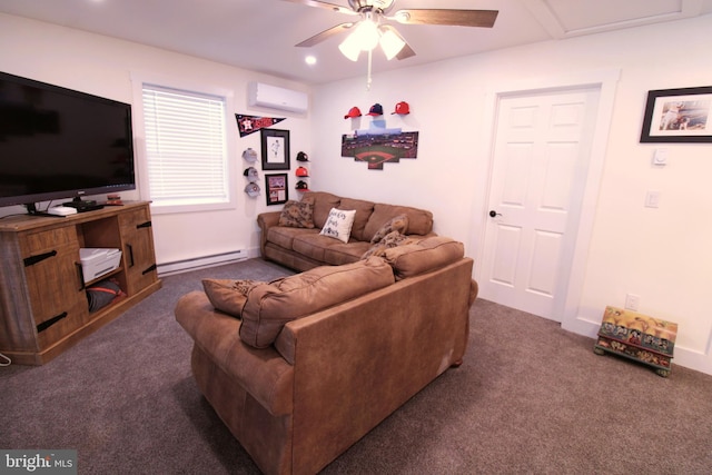 living room with ceiling fan, a baseboard radiator, a wall mounted air conditioner, and dark colored carpet