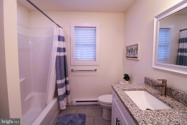 full bathroom with vanity, shower / tub combo, baseboard heating, toilet, and tile patterned floors