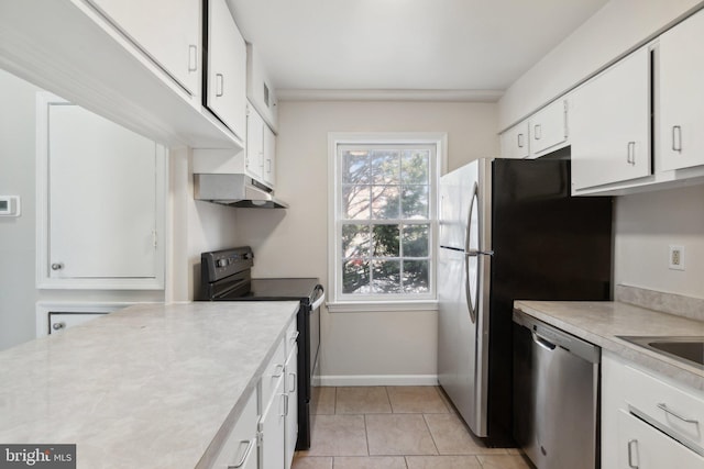 kitchen featuring dishwasher, light tile patterned flooring, white cabinets, and black / electric stove