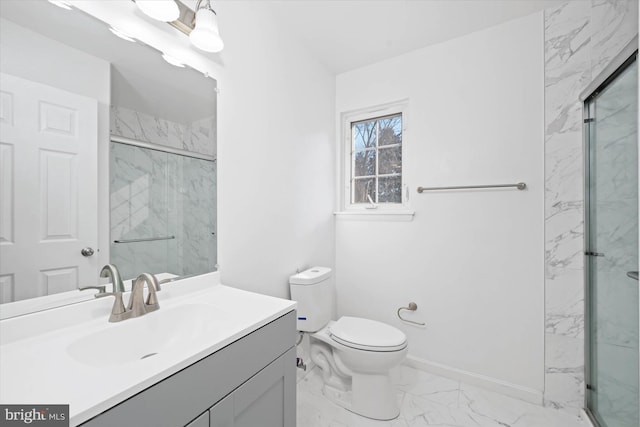 bathroom with walk in shower, vanity, and toilet