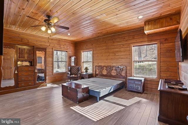 bedroom featuring wood ceiling, wood-type flooring, and wood walls