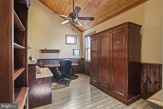 office area with wood walls, wood ceiling, vaulted ceiling, light hardwood / wood-style flooring, and ceiling fan