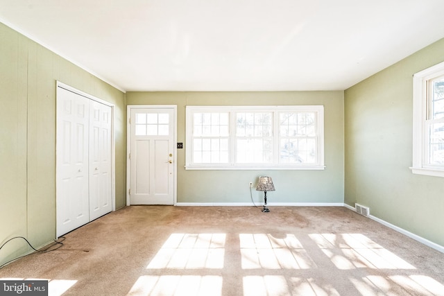 carpeted foyer with a healthy amount of sunlight