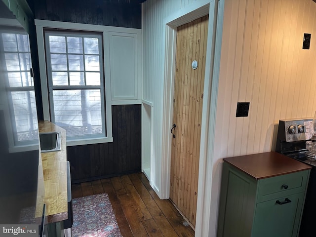 entryway with dark hardwood / wood-style floors and wood walls