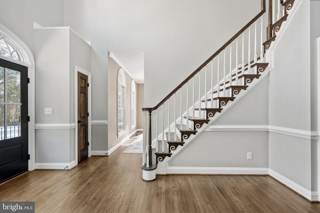 foyer featuring hardwood / wood-style floors and a high ceiling