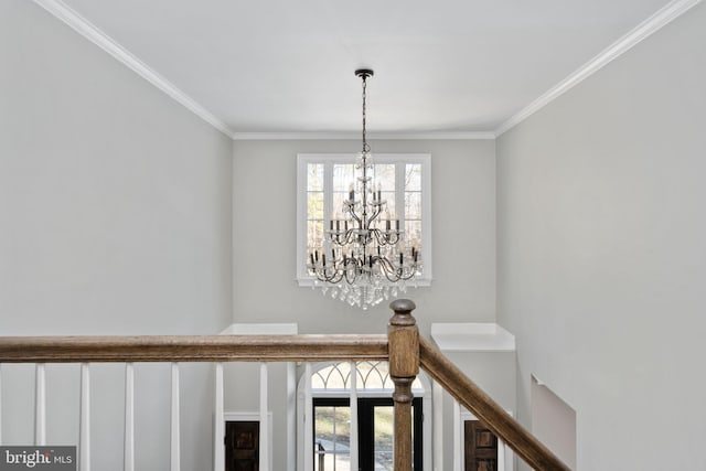 interior details featuring ornamental molding and a chandelier