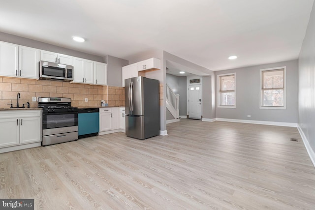 kitchen with sink, light hardwood / wood-style flooring, backsplash, appliances with stainless steel finishes, and white cabinets