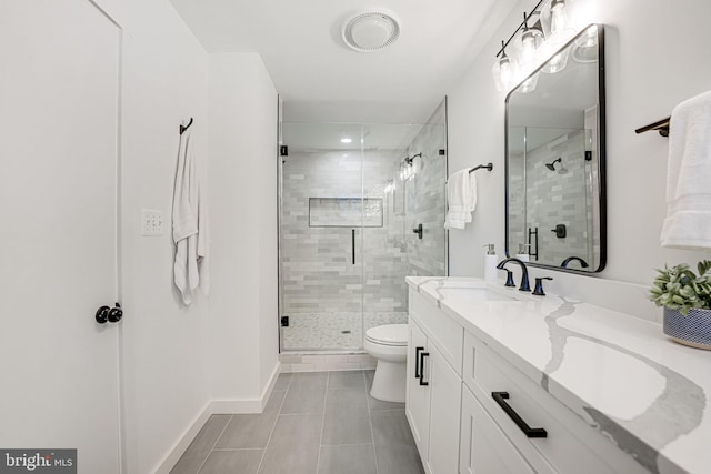 bathroom featuring a shower with door, vanity, tile patterned floors, and toilet