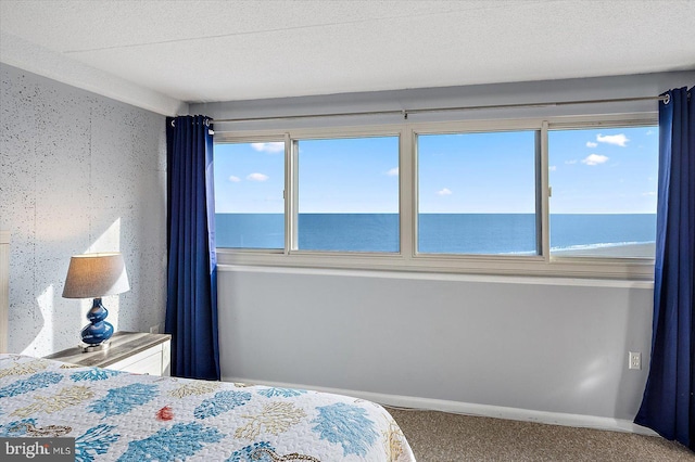 carpeted bedroom featuring multiple windows, a textured ceiling, and a water view