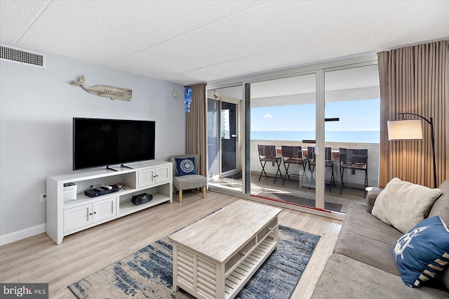 living room featuring light hardwood / wood-style floors, expansive windows, and a textured ceiling