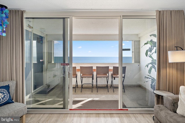 interior space featuring a water view, a textured ceiling, and hardwood / wood-style flooring