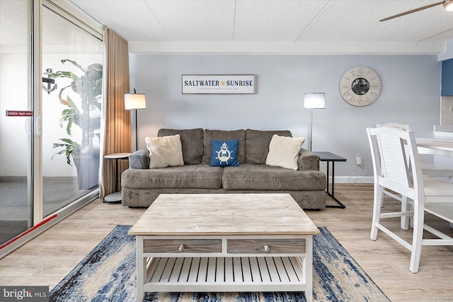 living room with a textured ceiling and light wood-type flooring