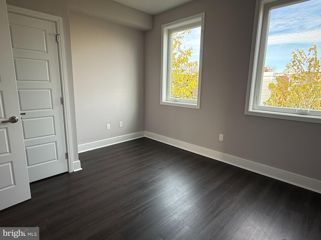 unfurnished room with dark wood-type flooring