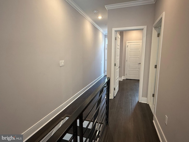 hallway featuring dark hardwood / wood-style flooring and ornamental molding