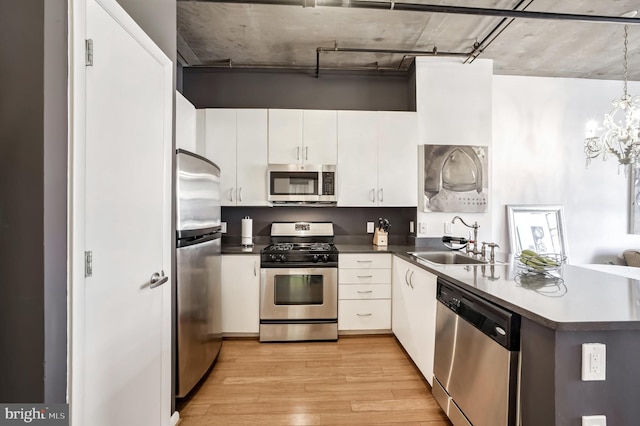 kitchen with white cabinetry, stainless steel appliances, sink, and light wood-type flooring