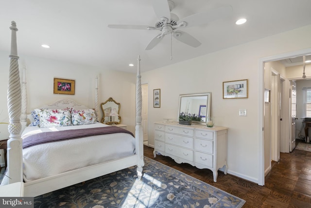 bedroom featuring dark parquet flooring and ceiling fan