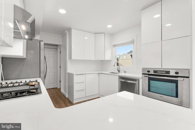 kitchen with wall chimney exhaust hood, sink, white cabinetry, light stone counters, and appliances with stainless steel finishes