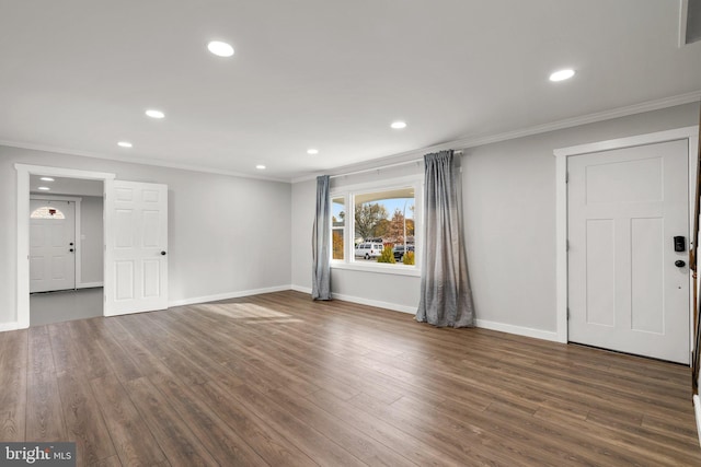 interior space with crown molding and dark wood-type flooring