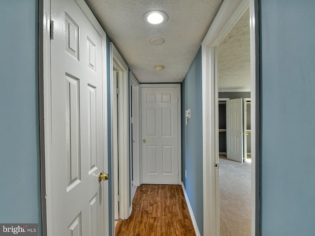 hall featuring wood-type flooring and a textured ceiling