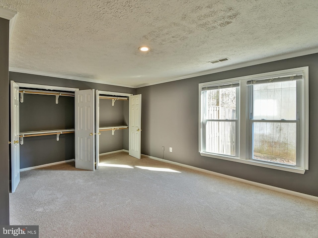 unfurnished bedroom featuring ornamental molding, light colored carpet, and a textured ceiling