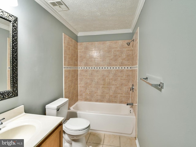 full bathroom with tile patterned floors, toilet, shower / bathing tub combination, a textured ceiling, and vanity