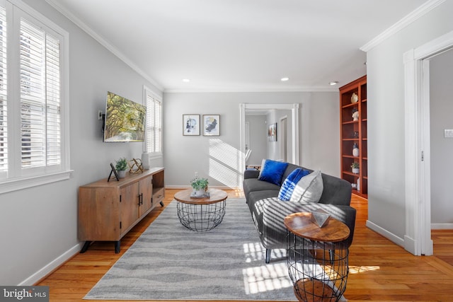 living room with ornamental molding, light hardwood / wood-style floors, and plenty of natural light