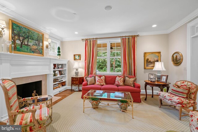 living room with ornamental molding and a high end fireplace