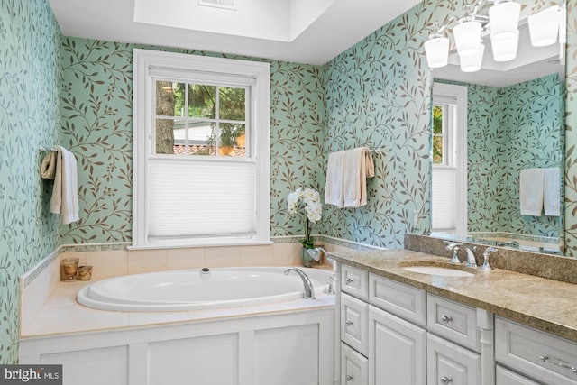 bathroom featuring vanity, a tub, and a healthy amount of sunlight