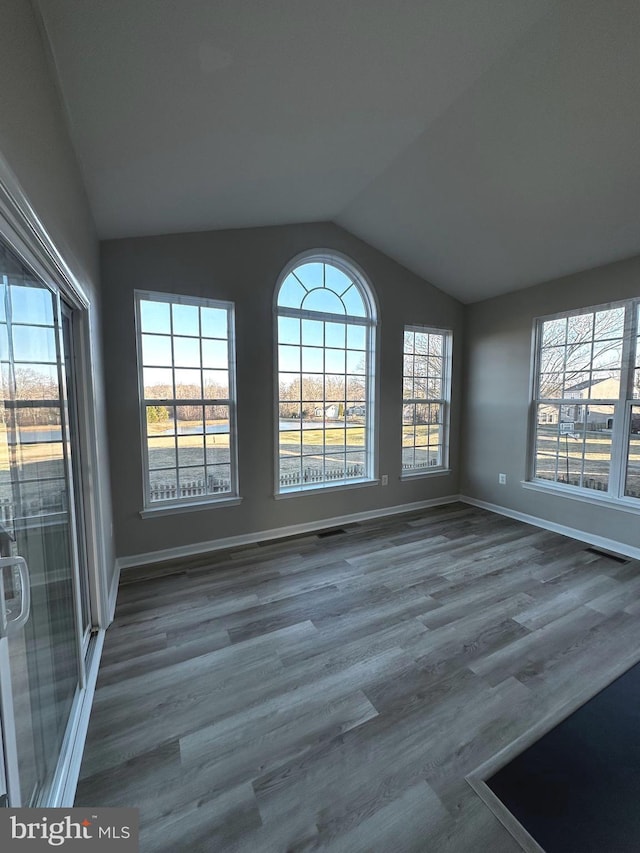 empty room featuring plenty of natural light, vaulted ceiling, and wood-type flooring