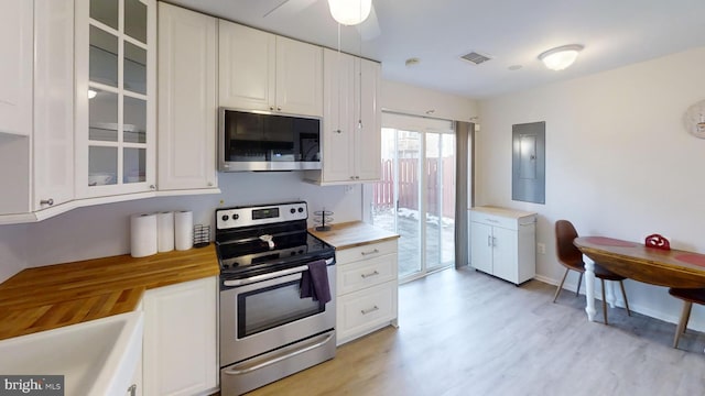 kitchen featuring appliances with stainless steel finishes, white cabinets, electric panel, ceiling fan, and light wood-type flooring