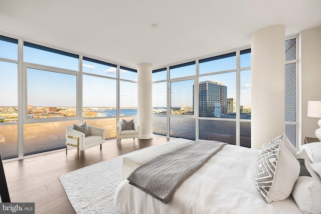 bedroom with multiple windows, hardwood / wood-style floors, and floor to ceiling windows