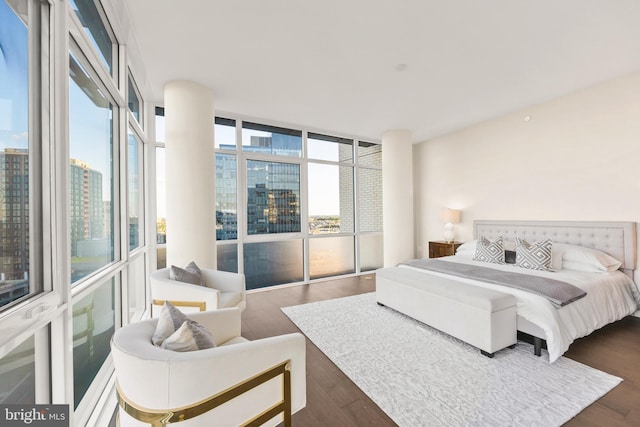 bedroom featuring expansive windows and dark wood-type flooring