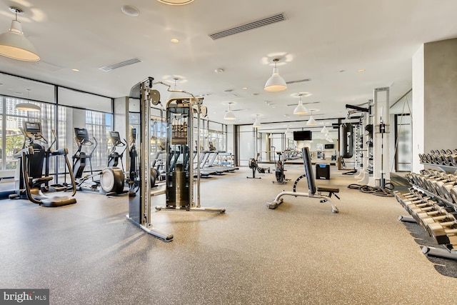 gym featuring floor to ceiling windows