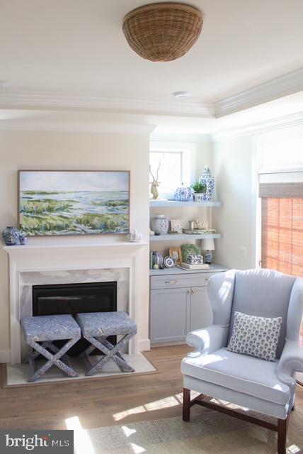 sitting room with crown molding, a fireplace, and light hardwood / wood-style floors