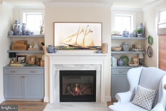 sitting room featuring crown molding, plenty of natural light, and a premium fireplace