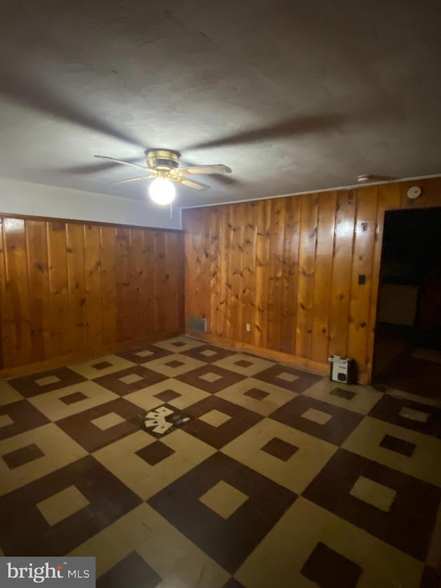 interior space featuring ceiling fan and wood walls