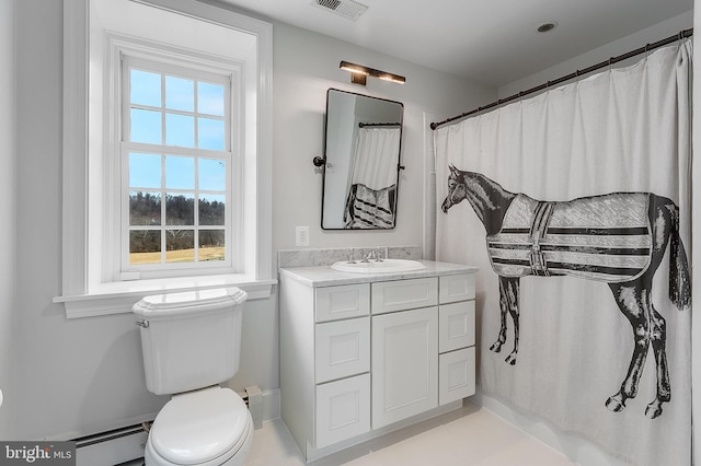 bathroom with vanity, a shower with shower curtain, a baseboard radiator, and toilet