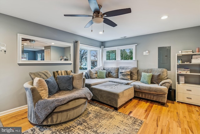 living room featuring ceiling fan, electric panel, and light hardwood / wood-style floors